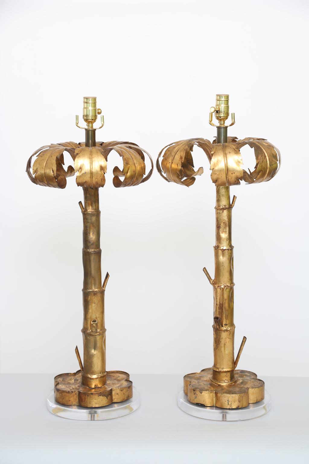20th Century Pair of Gilt Metal Palm Tree Lamps