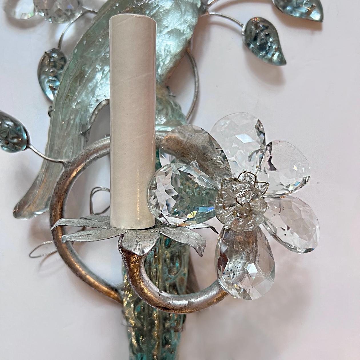 Mid-20th Century Pair of Silver Leaf Sconces with Glass Parrots For Sale