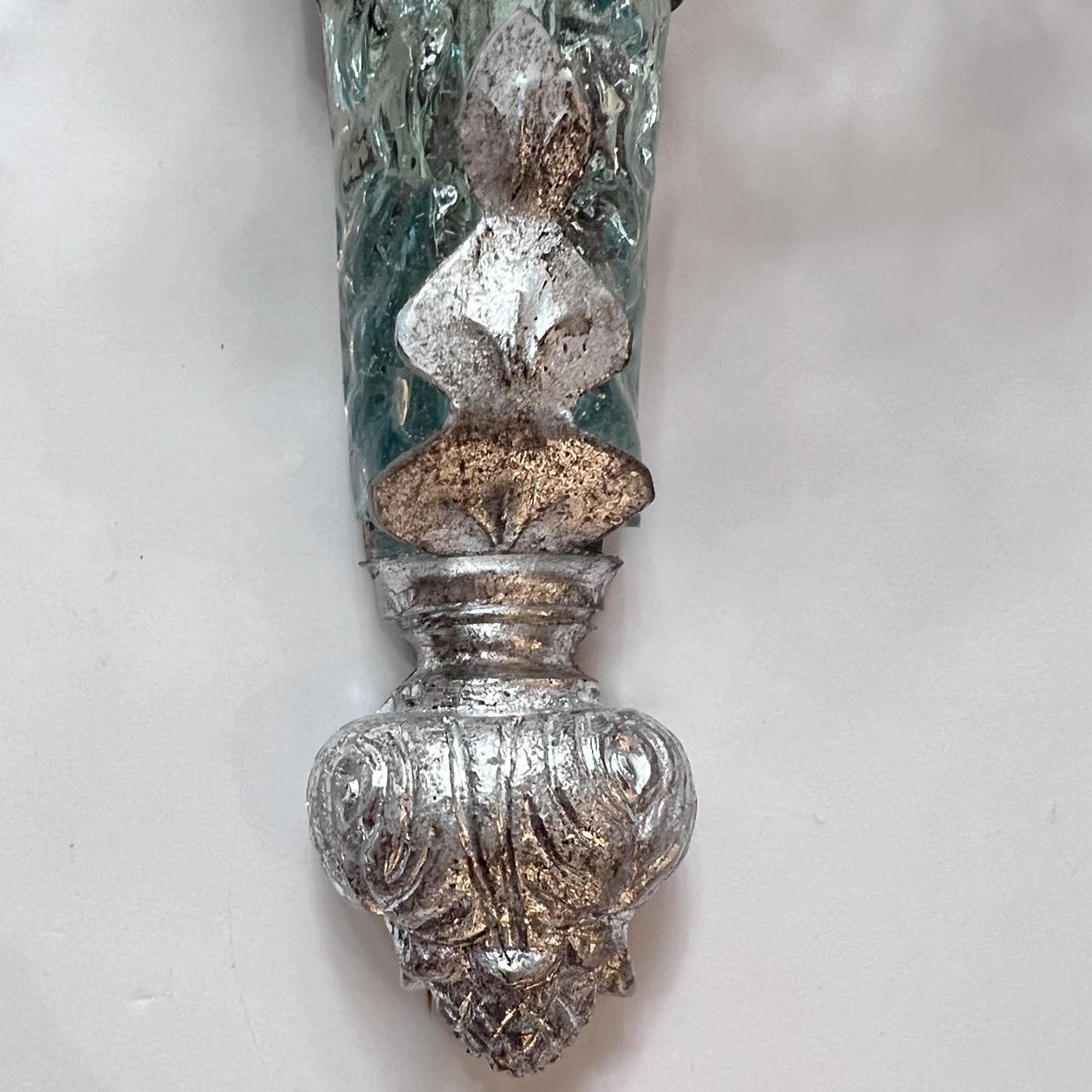 Crystal Pair of Silver Leaf Sconces with Glass Parrots For Sale