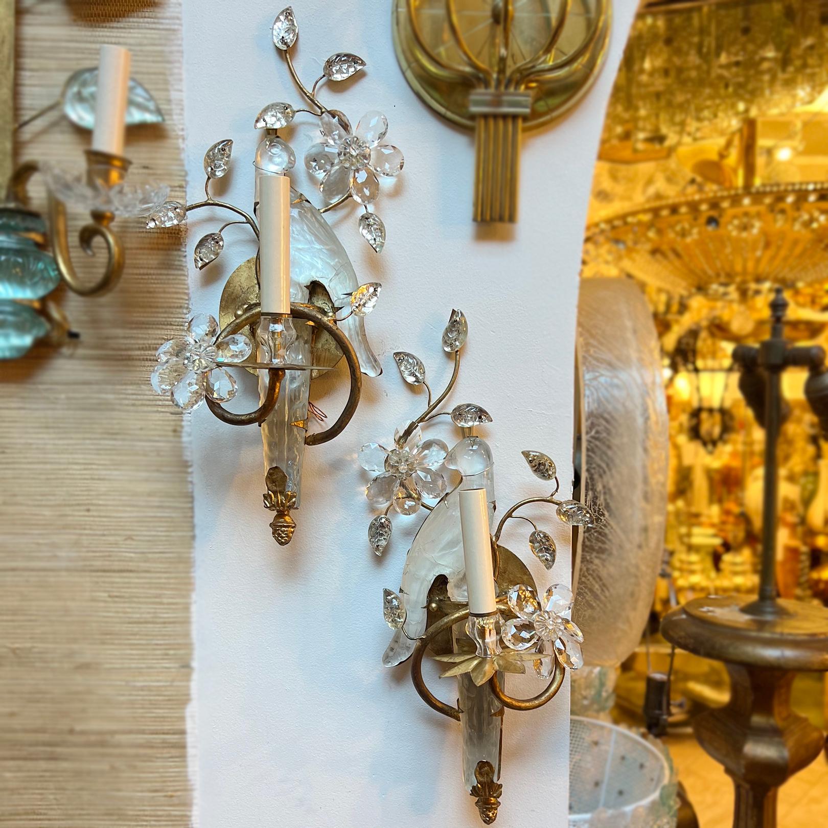 Pair of Gilt Metal Sconces with Glass Parrots For Sale 1