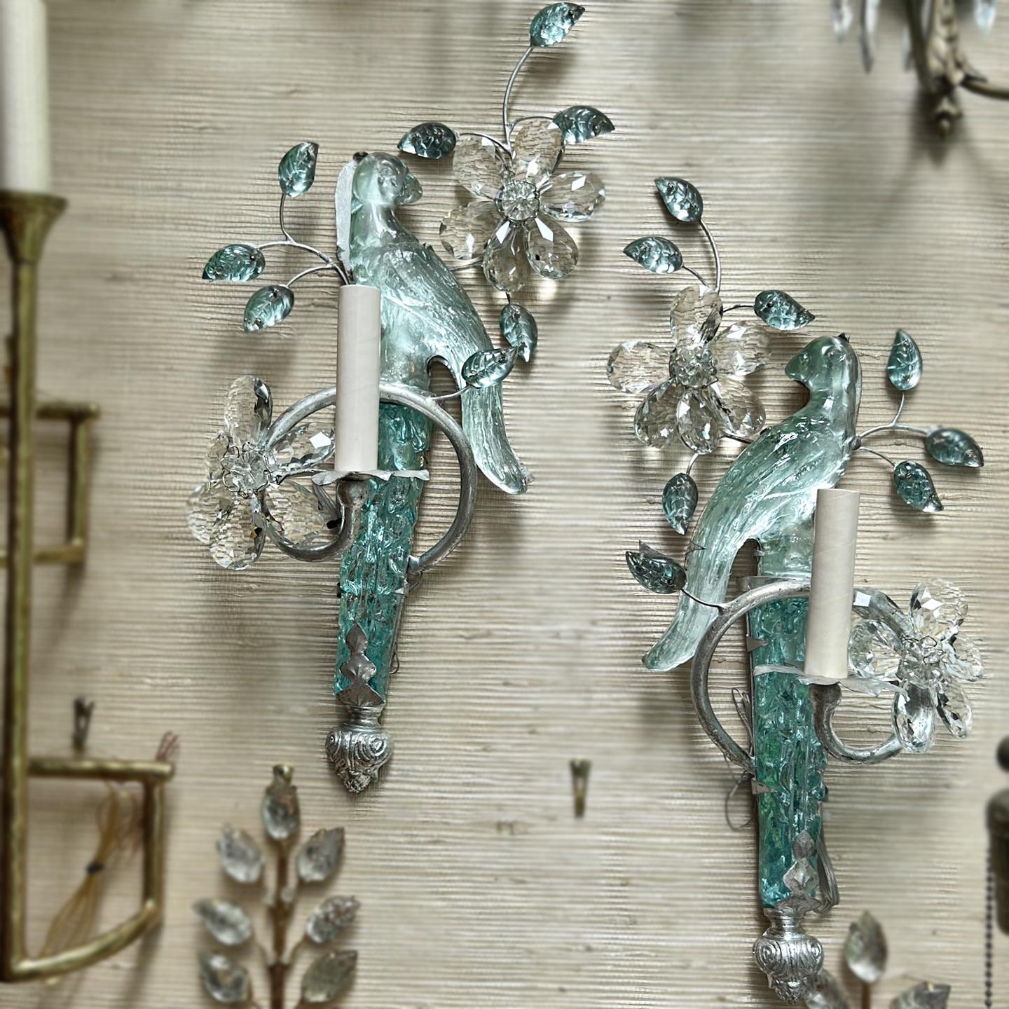 Pair of Silver Leaf Sconces with Glass Parrots For Sale 1