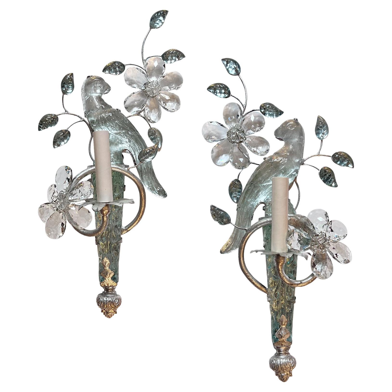 Pair of Silver Leaf Sconces with Glass Parrots For Sale