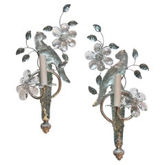 Pair of Silver Leaf Sconces with Glass Parrots