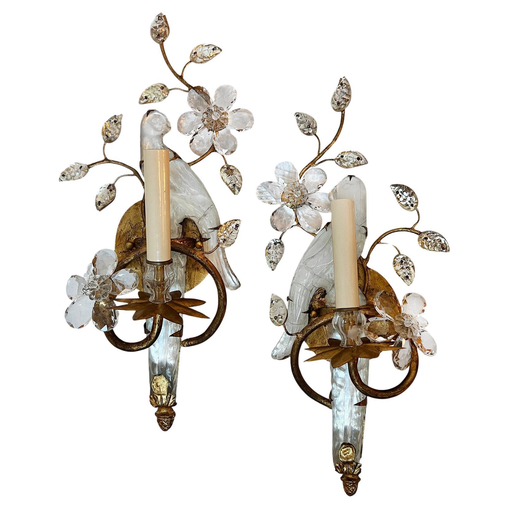 Pair of Gilt Metal Sconces with Glass Parrots For Sale