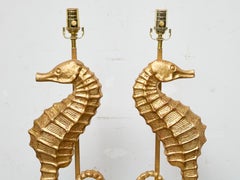 Pair of Gilt Metal Seahorse Table Lamps on Lucite Bases, Wired for USA