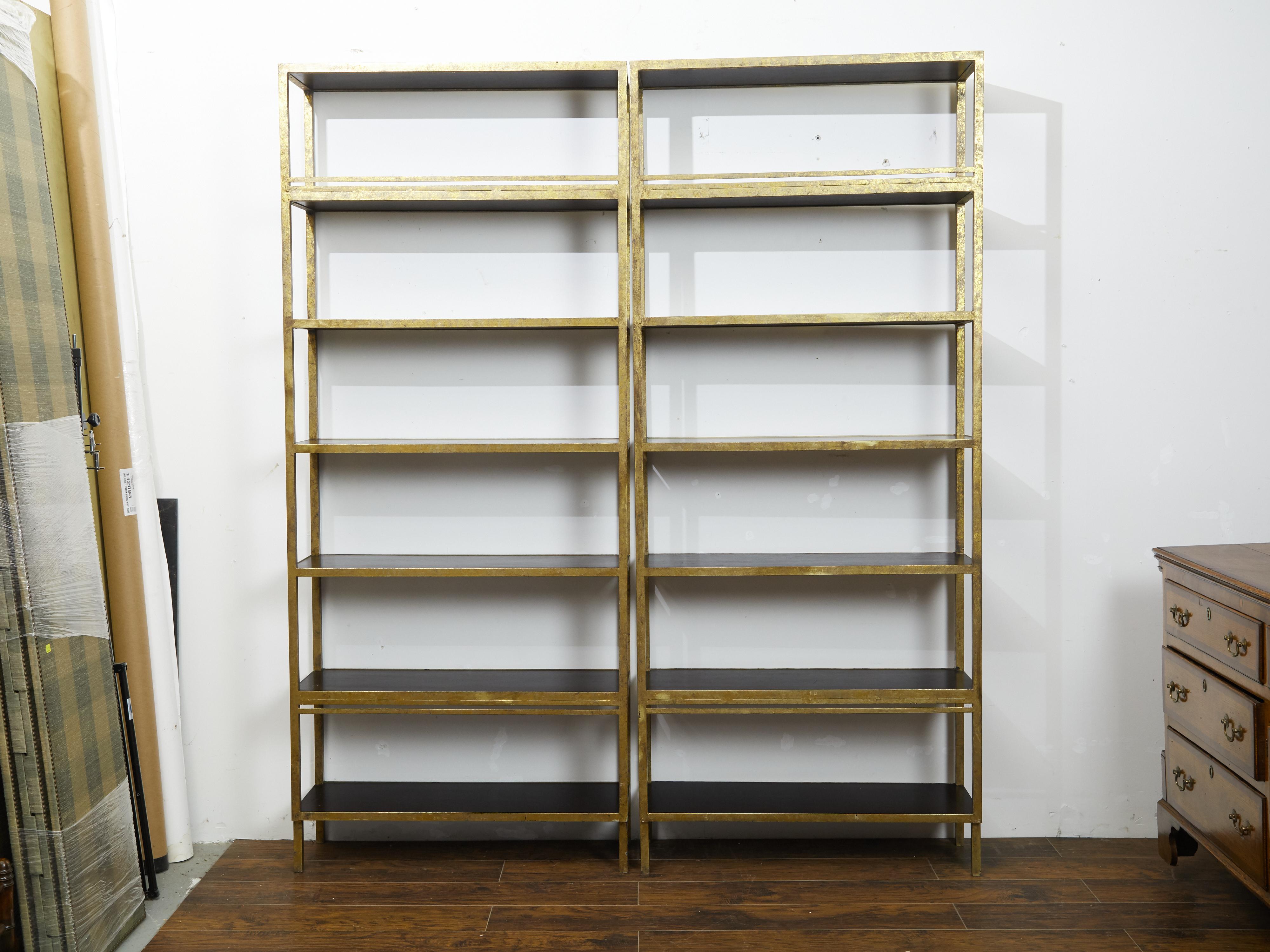 Pair of Gilt Metal Shelves from the Midcentury with Ebonized Wood Accents 5