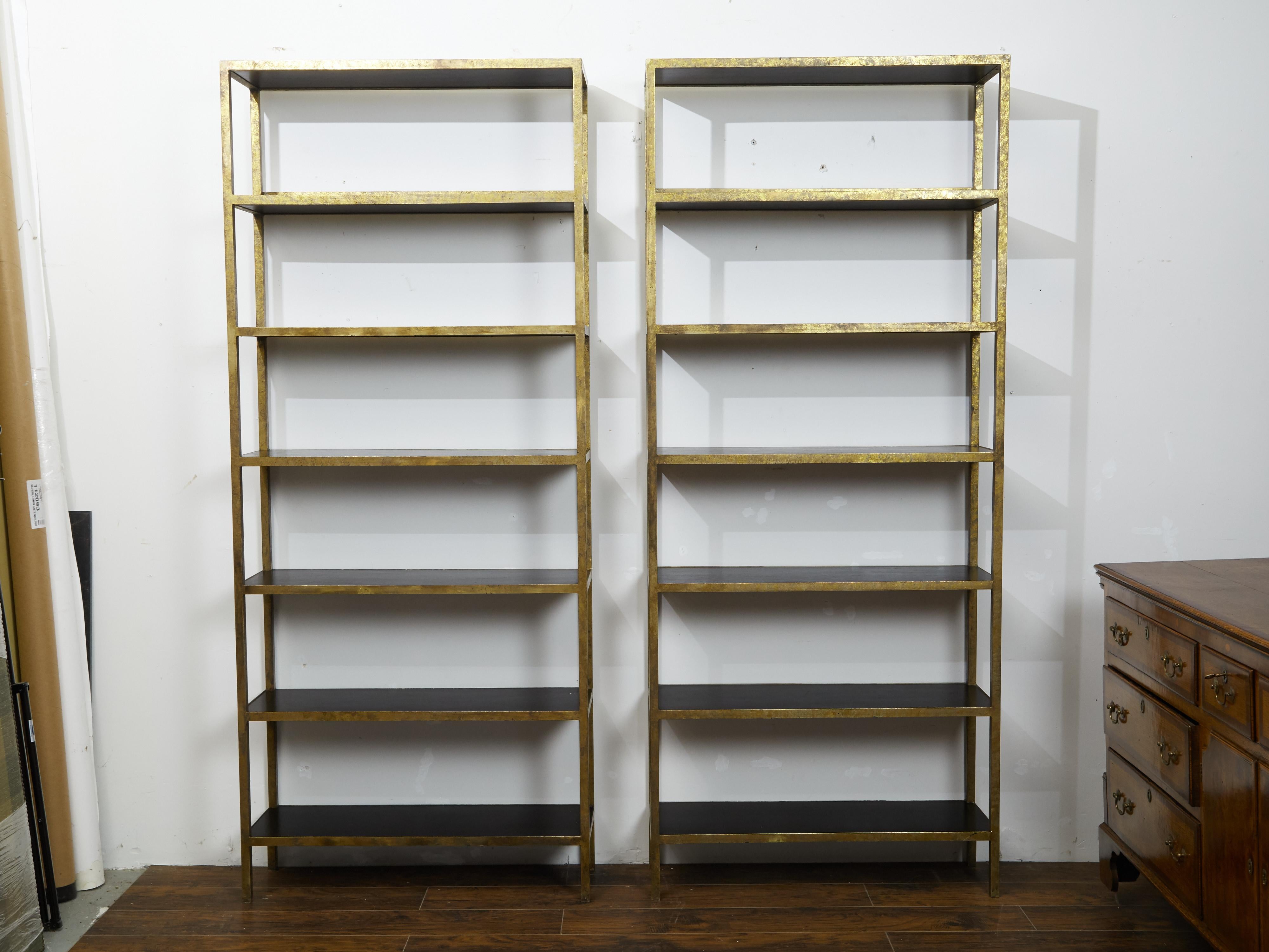 Mid-Century Modern Pair of Gilt Metal Shelves from the Midcentury with Ebonized Wood Accents