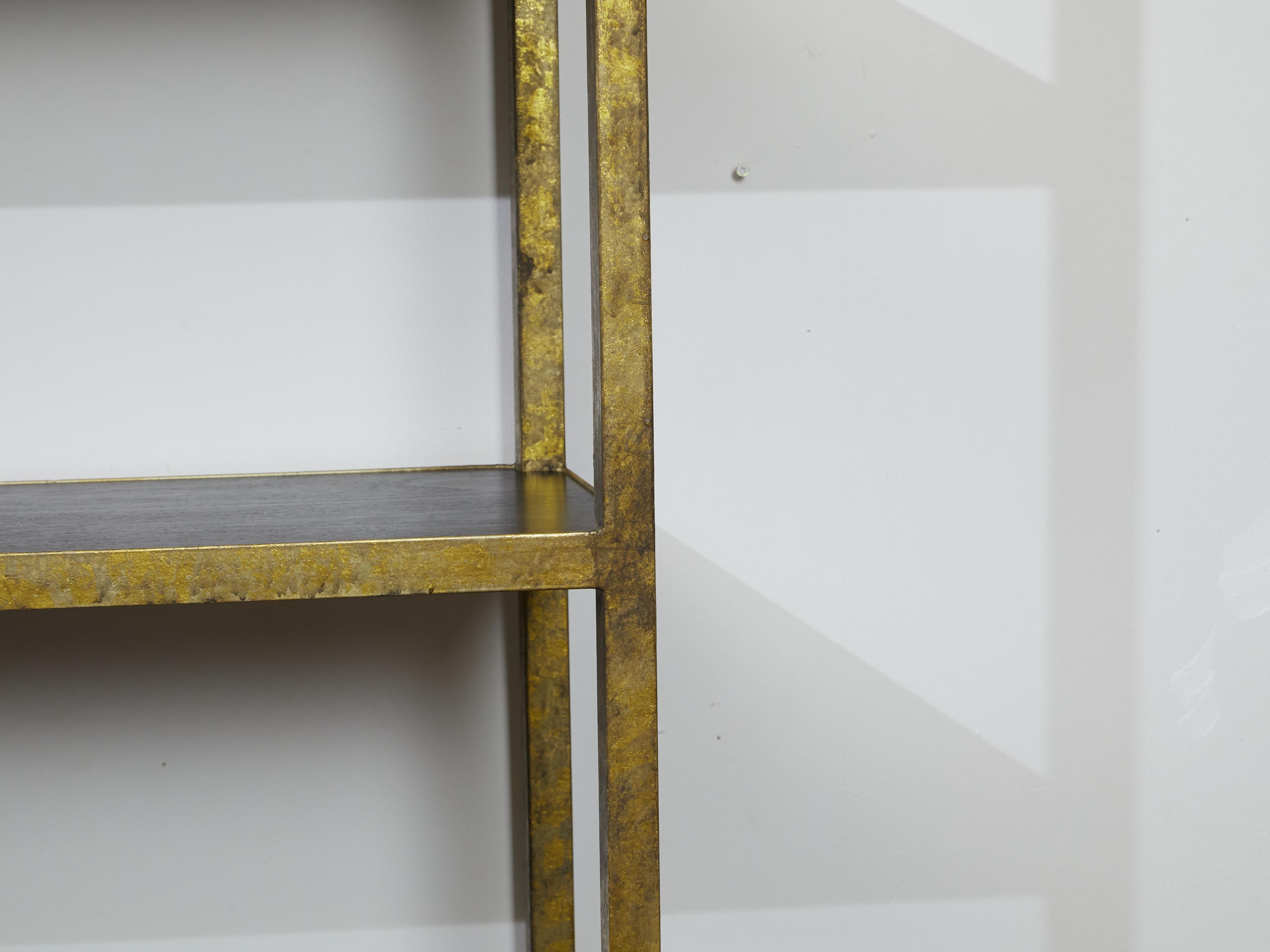 Pair of Gilt Metal Shelves from the Midcentury with Ebonized Wood Accents In Good Condition In Atlanta, GA