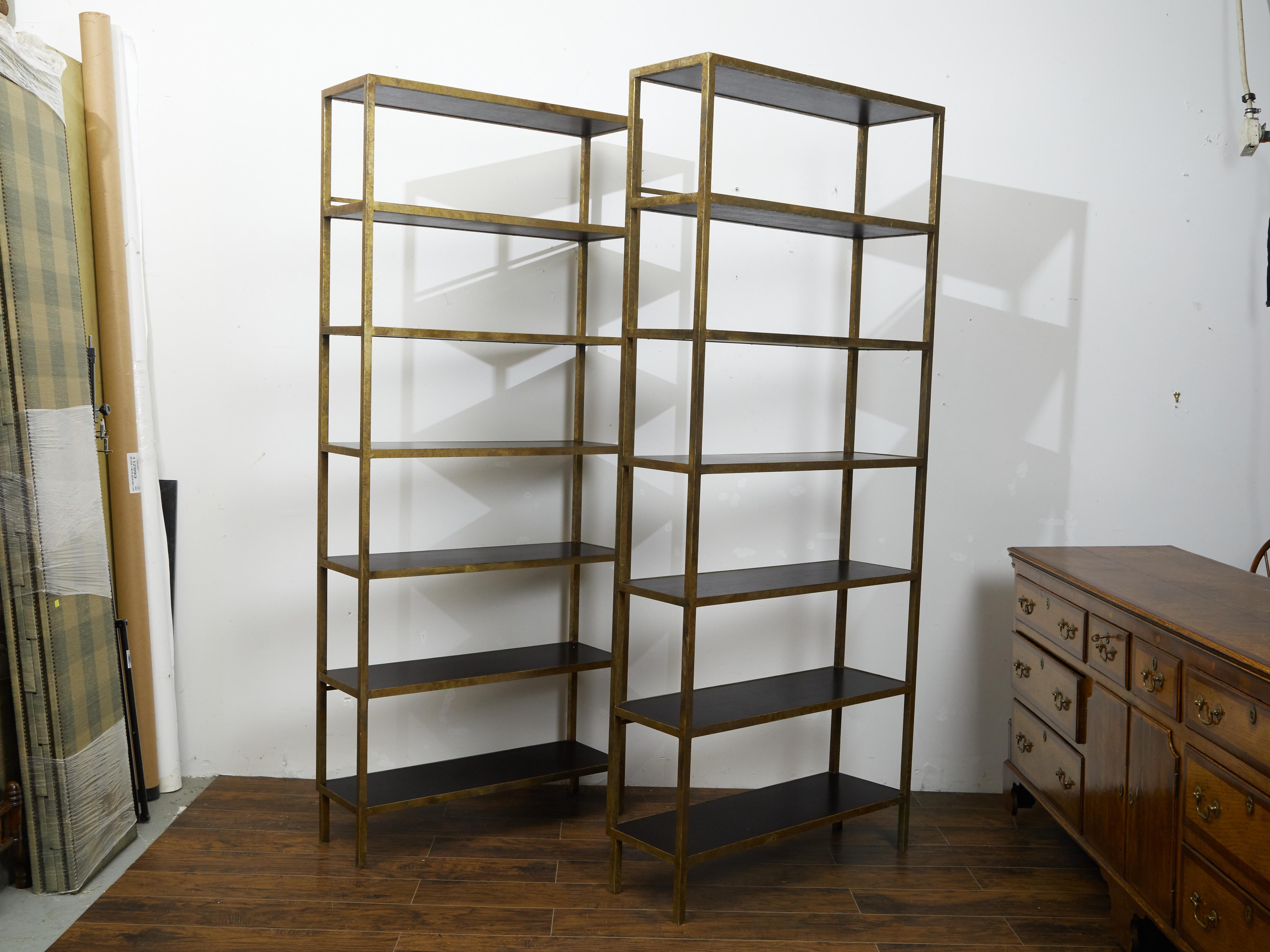 Pair of Gilt Metal Shelves from the Midcentury with Ebonized Wood Accents 1