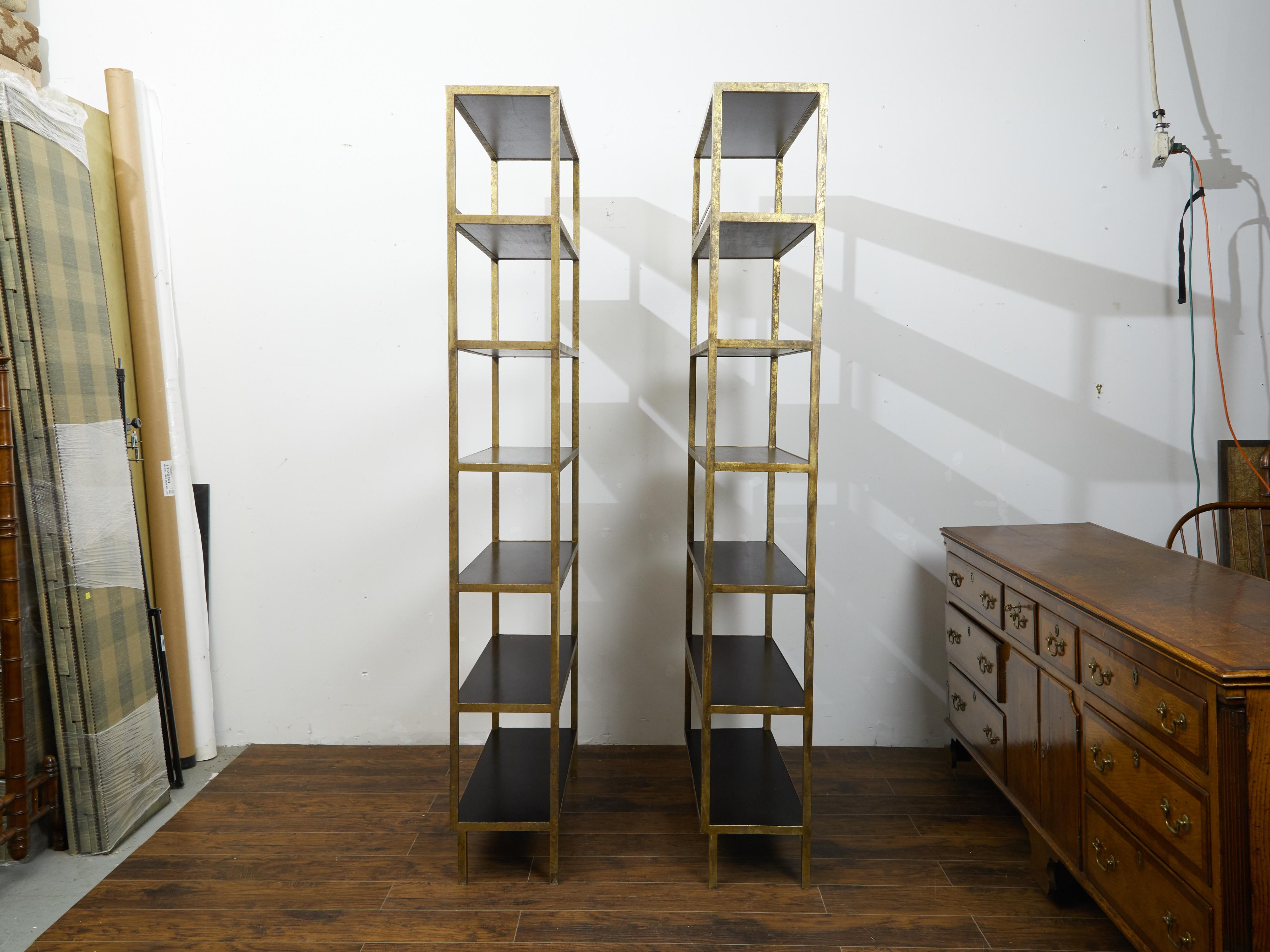 Pair of Gilt Metal Shelves from the Midcentury with Ebonized Wood Accents 3