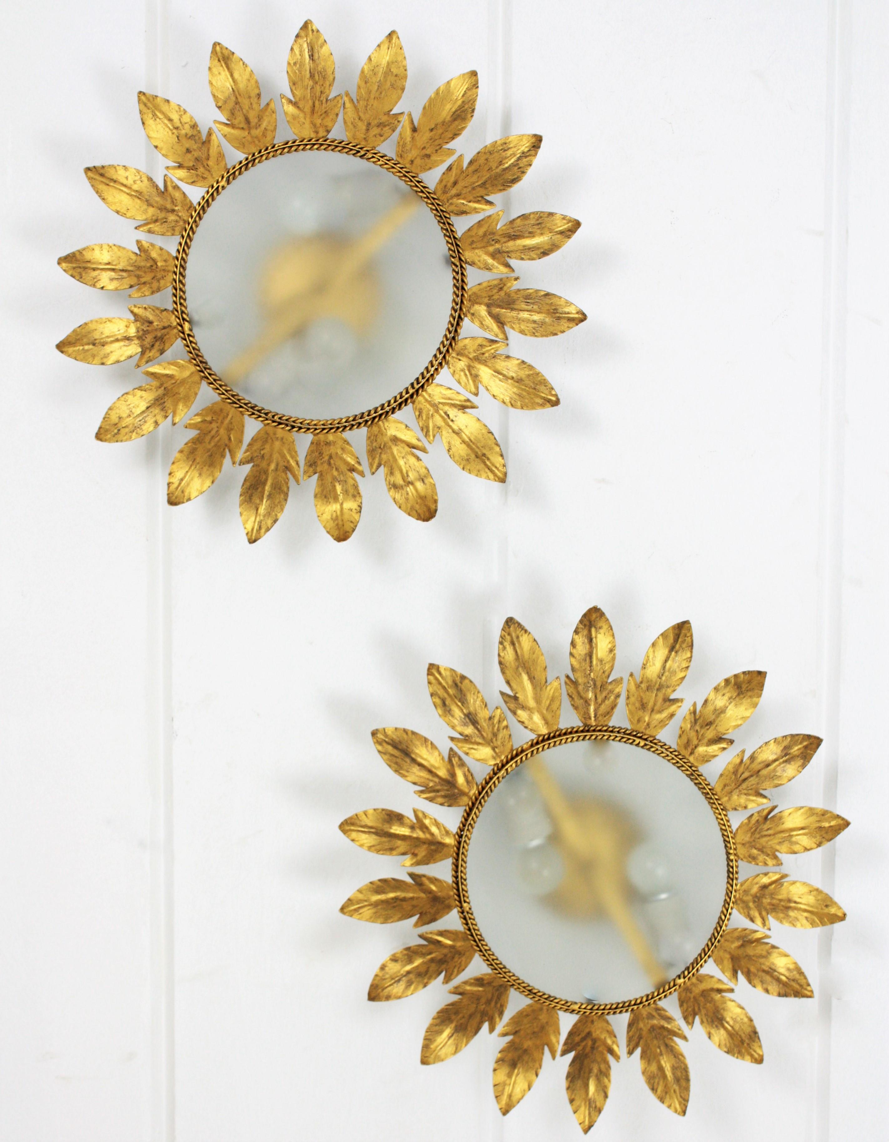 Mid-Century Modern Pair of Gilt Metal Flower Sunburst Flush Mounts / Wall Mirrors, Spain 1960s