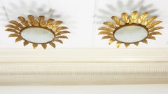 Pair of Gilt Metal Flower Sunburst Flush Mounts / Wall Mirrors, Spain 1960s