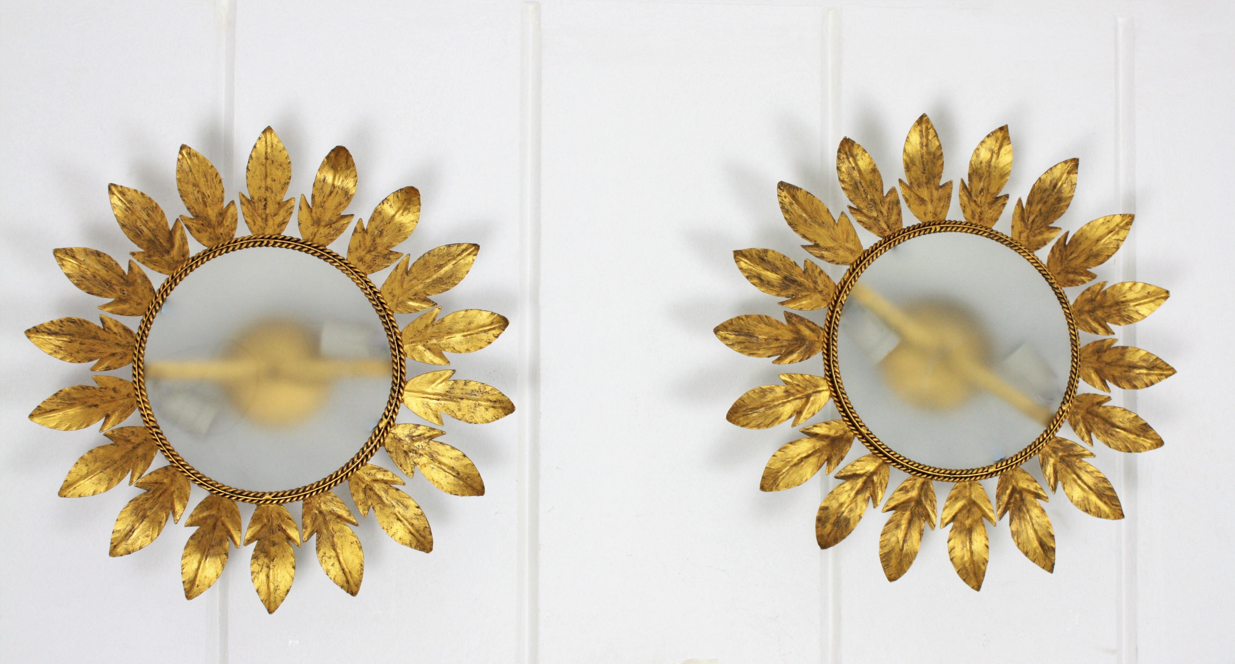 Spanish Pair of Gilt Metal Flower Sunburst Flush Mounts / Wall Mirrors, Spain 1960s