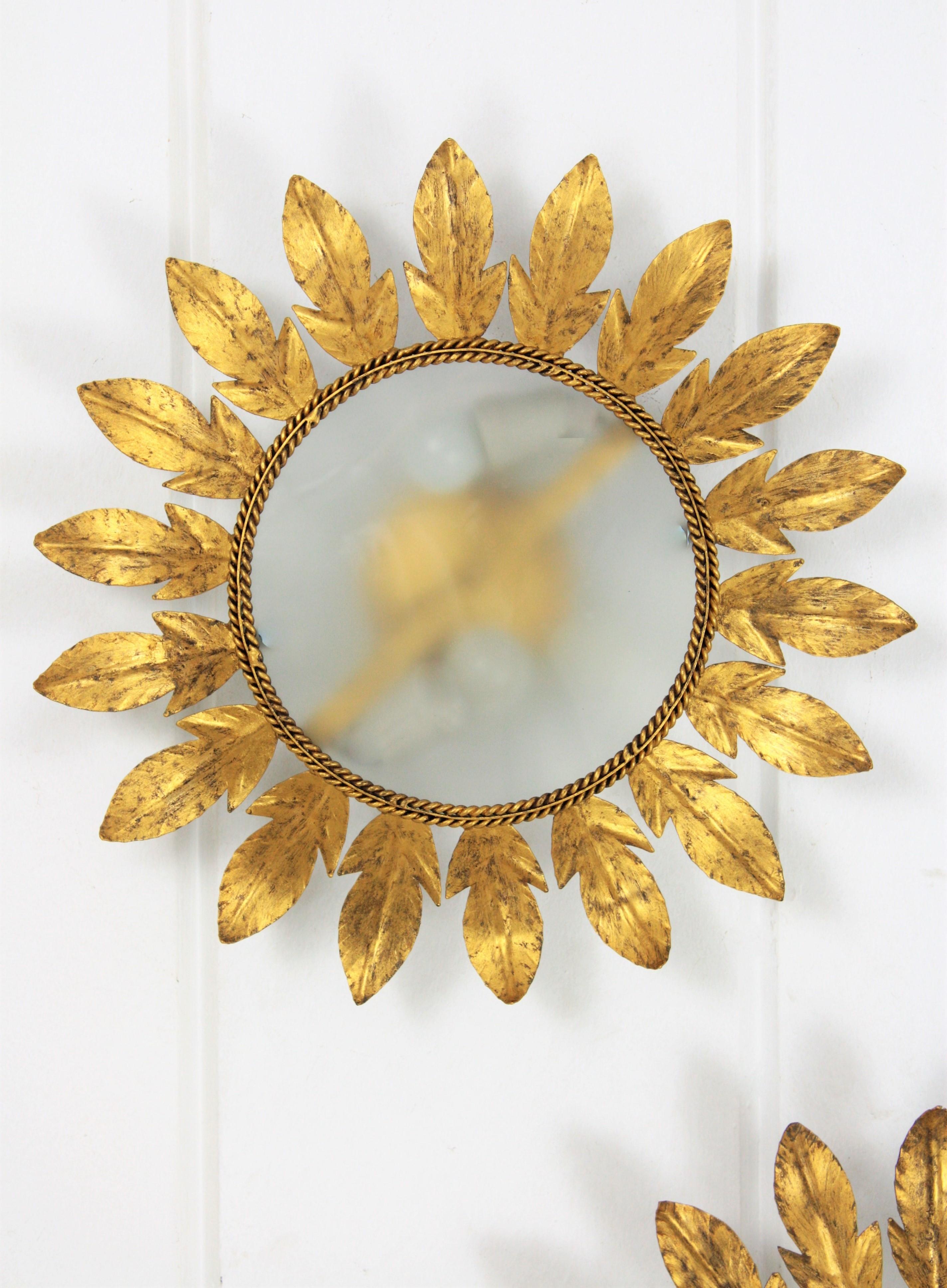 Pair of Gilt Metal Flower Sunburst Flush Mounts / Wall Mirrors, Spain 1960s 1