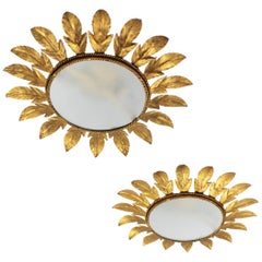 Pair of Gilt Metal Flower Sunburst Flush Mounts / Wall Mirrors, Spain 1960s
