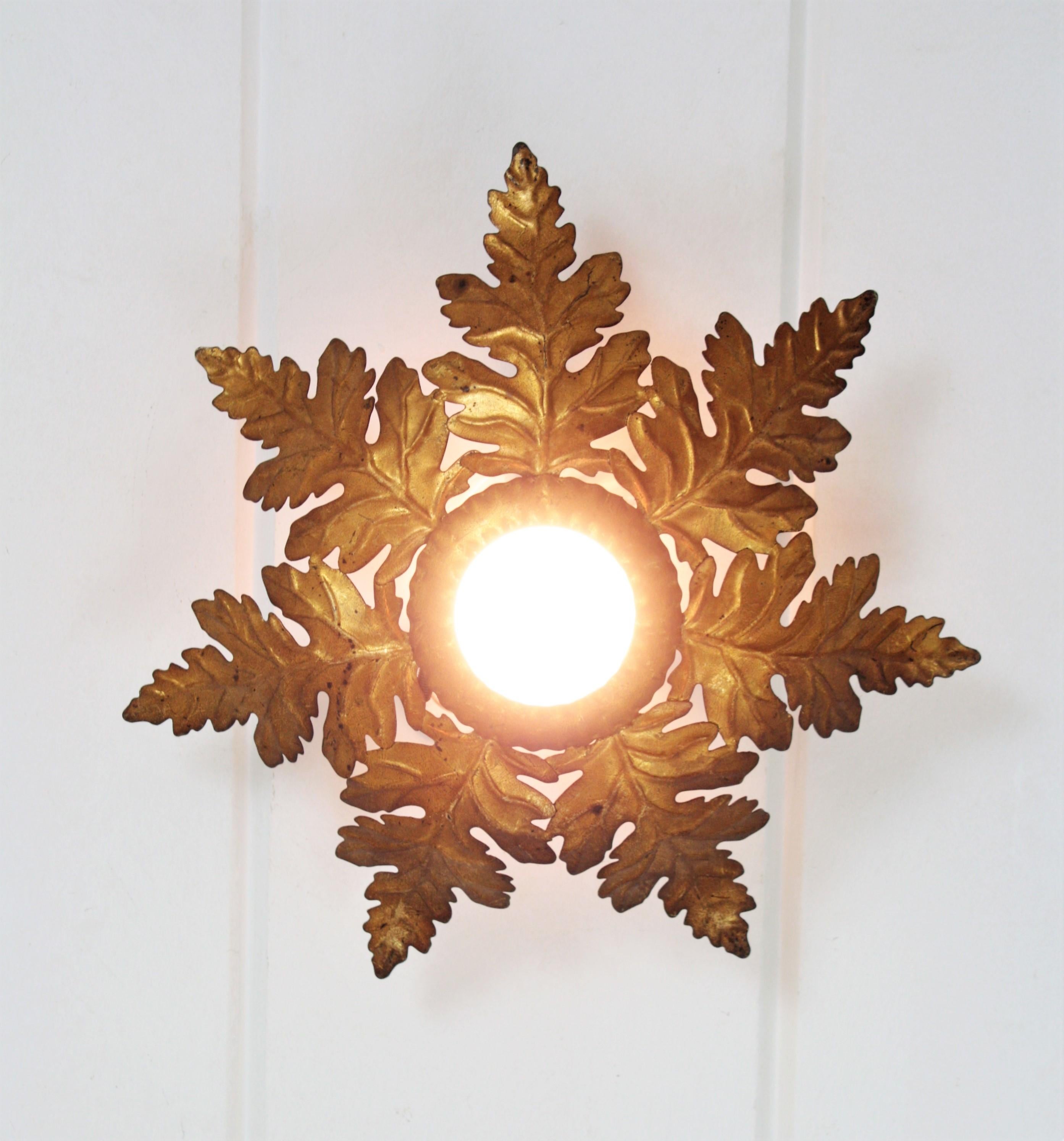 Sunburst Leafed Light Fixtures / Flush Mounts in Gilt Metal, Pair 7