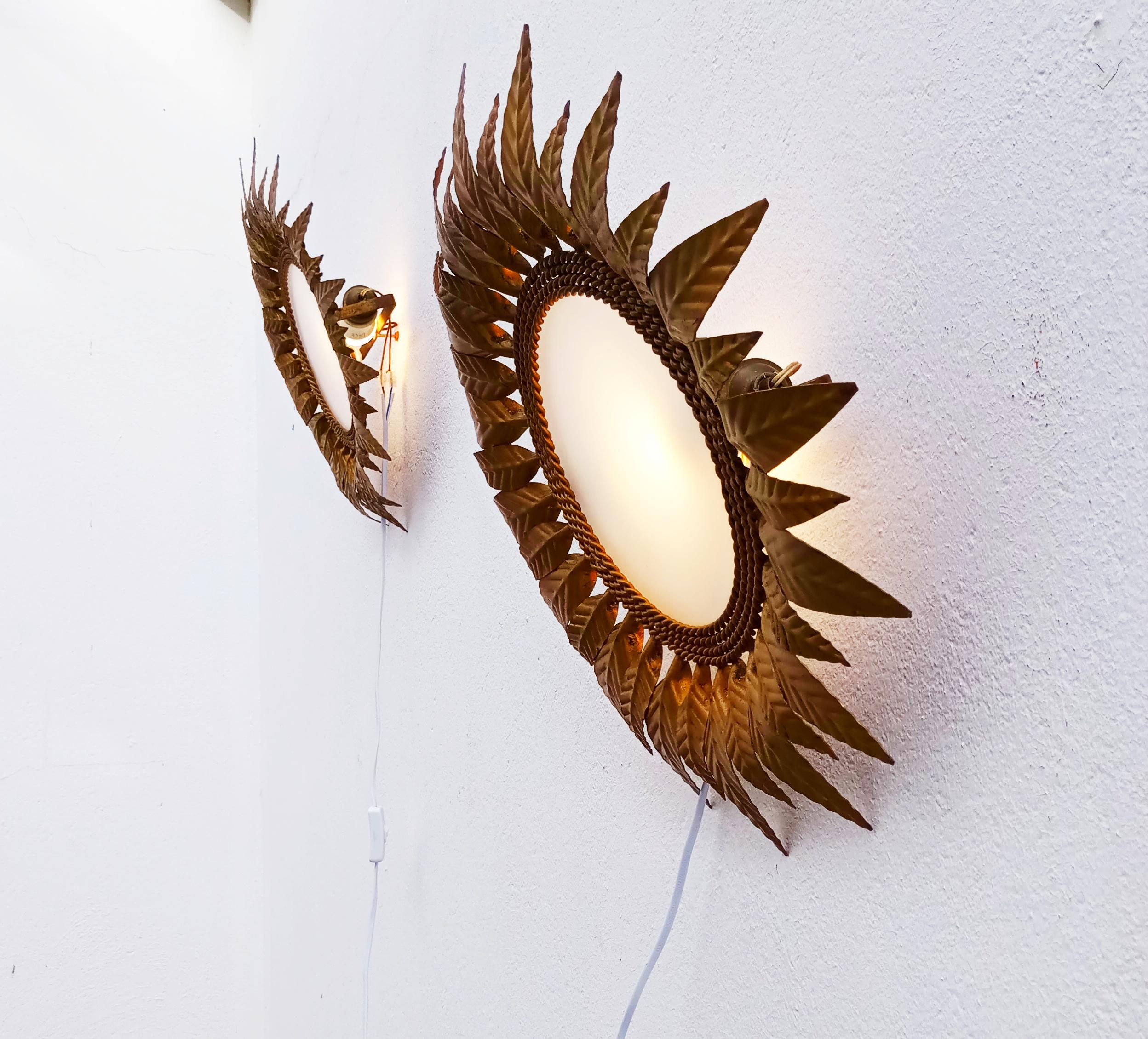 Pair of Gilt Metal Sunburst Wall Sconces, Spain, 1950s For Sale 6