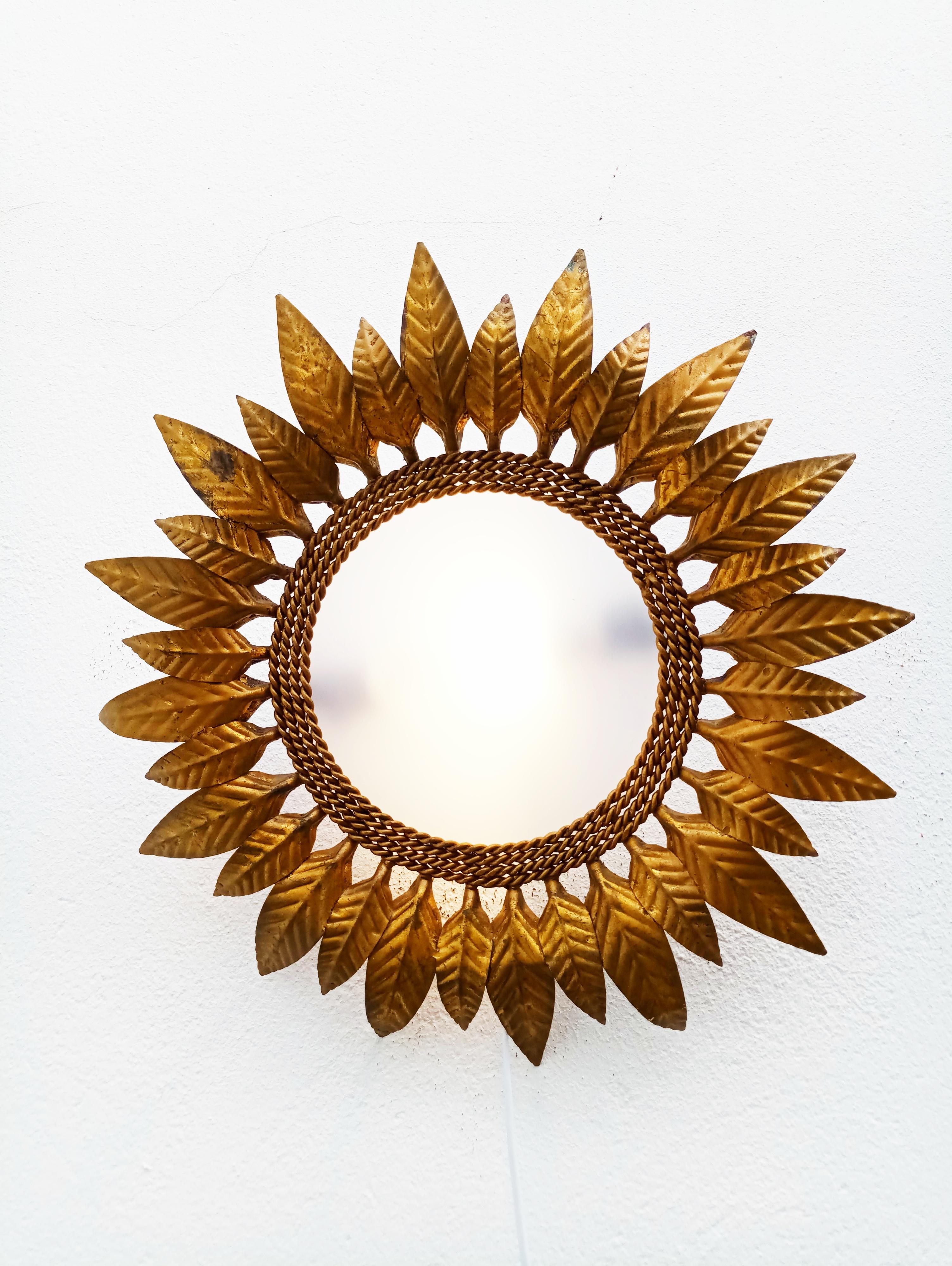 Spanish Pair of Gilt Metal Sunburst Wall Sconces, Spain, 1950s For Sale