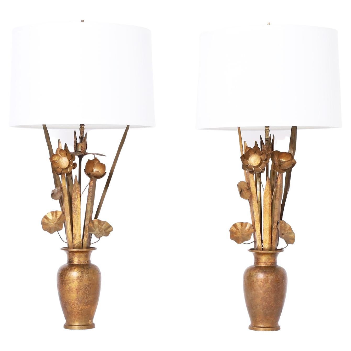 Pair of Gilt Metal Table Lamps with Flowers