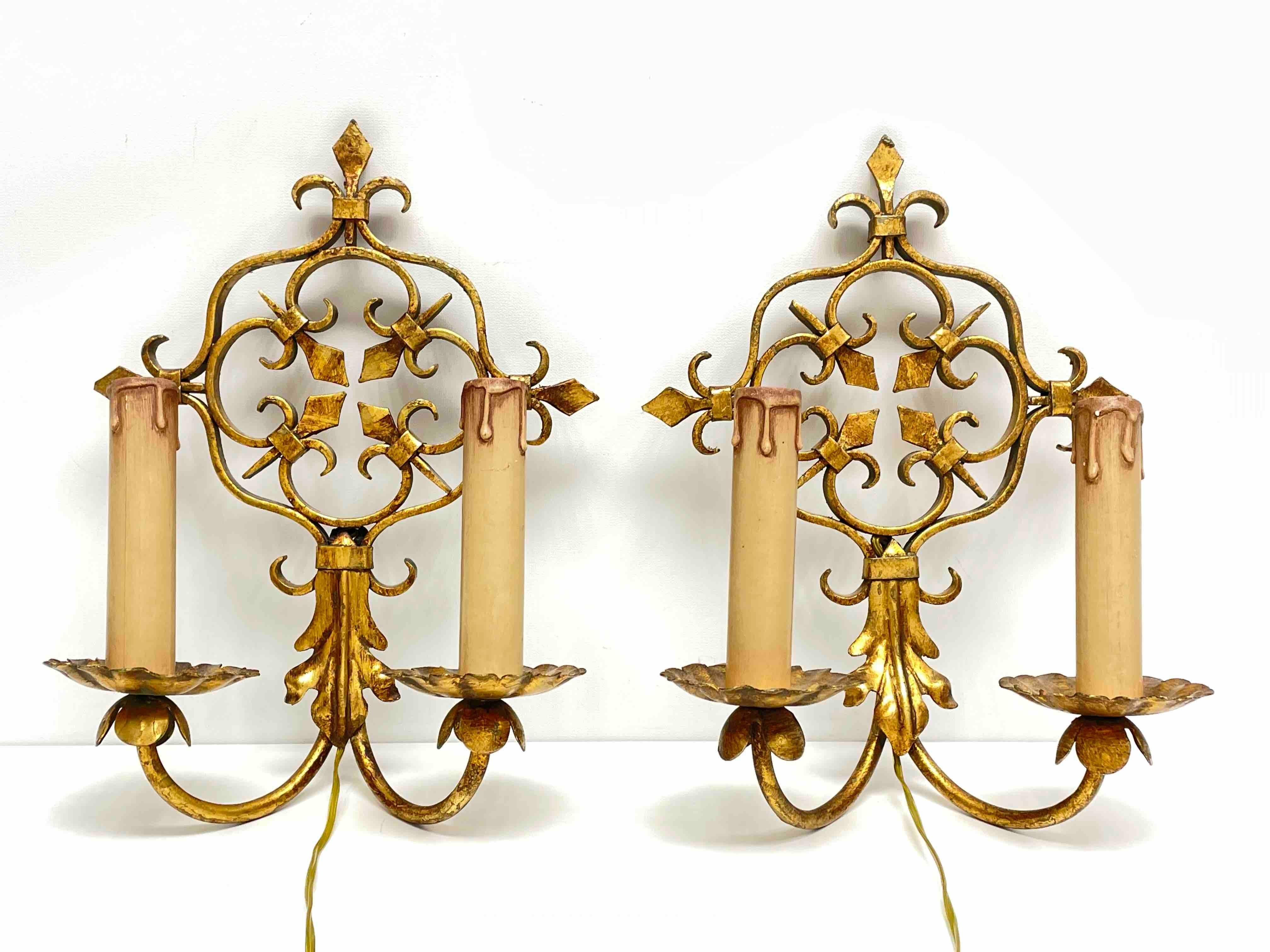 Pair of Gilt Metal Tole Toleware Sconces by Banci Firenze, Italy, 1960s In Good Condition For Sale In Nuernberg, DE