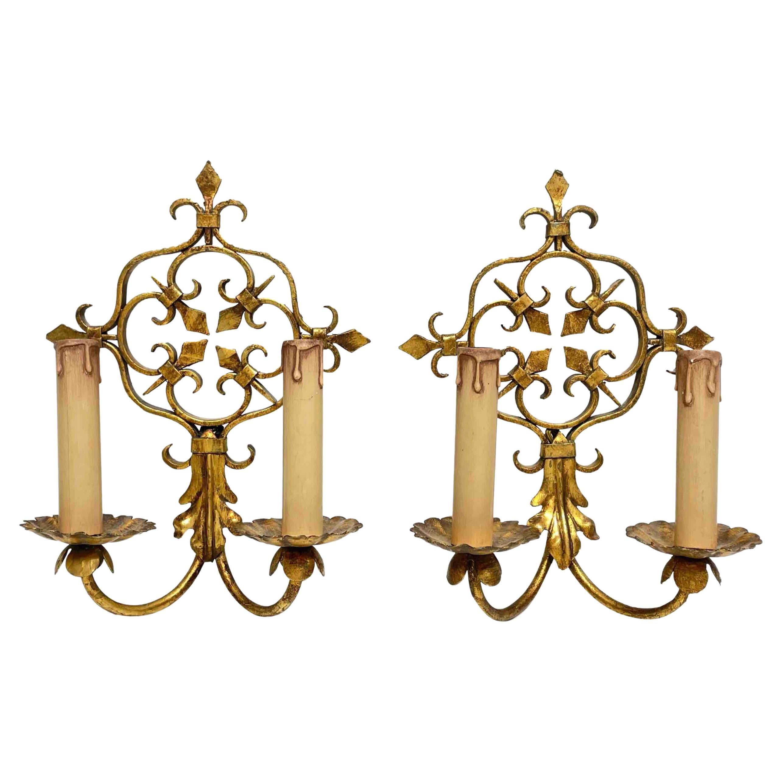 Pair of Gilt Metal Tole Toleware Sconces by Banci Firenze, Italy, 1960s