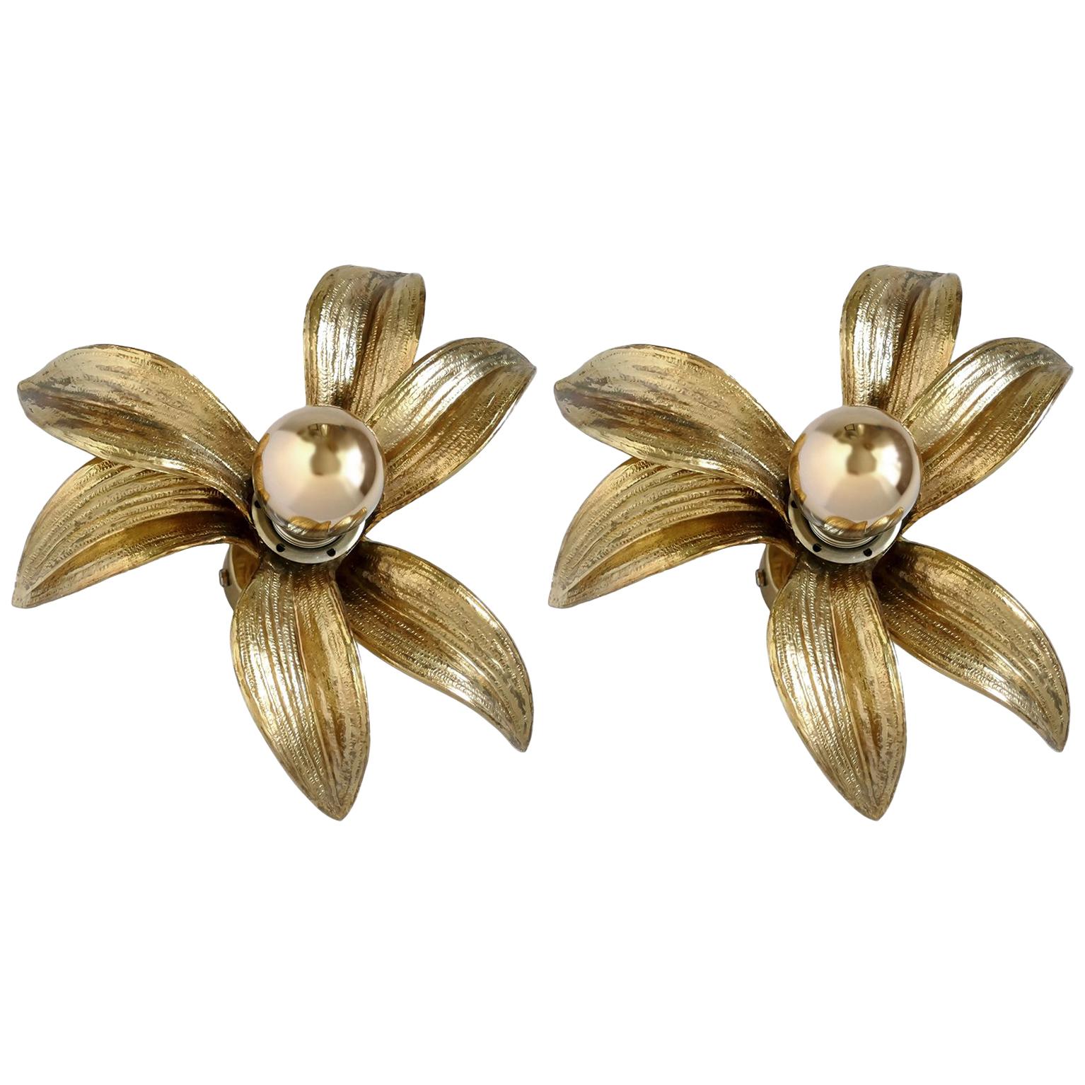 Pair of Gilt Metal Wall Ceiling Lights Flush Mounts, 1960s For Sale
