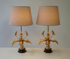 Pair of Gilt Orchid Table Lamps, France, 1970s