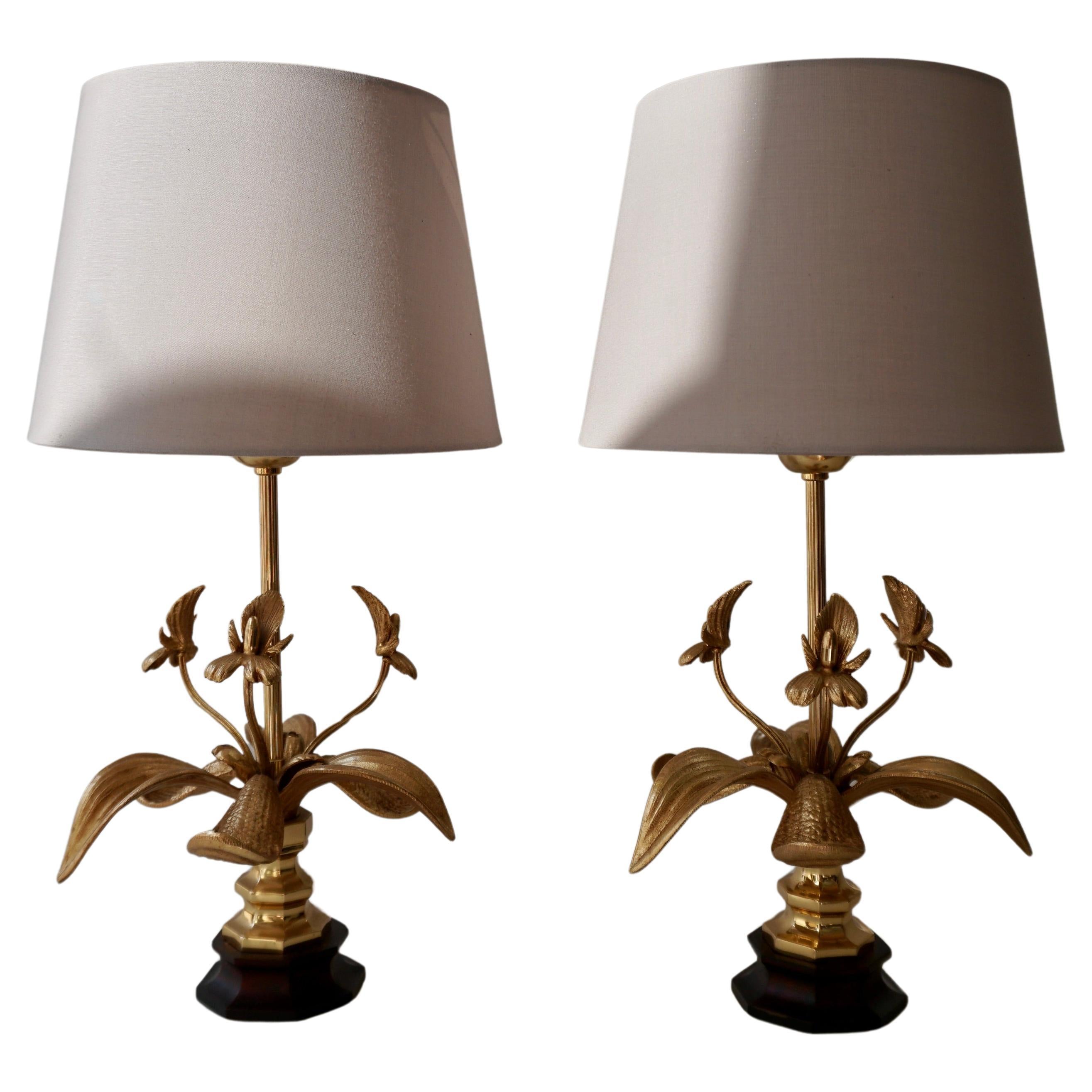 Pair of Gilt Orchid Table Lamps, France, 1970s