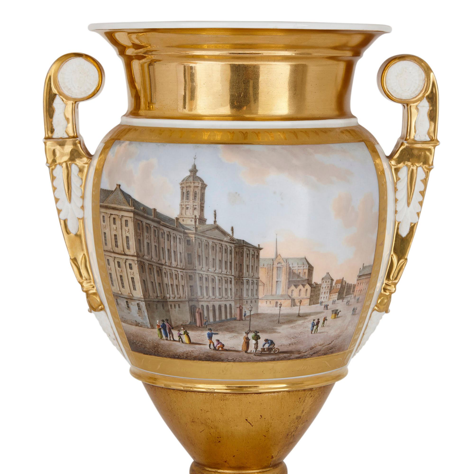 Empire Pair of Gilt Paris Porcelain Vases with Painted Urban Scenes