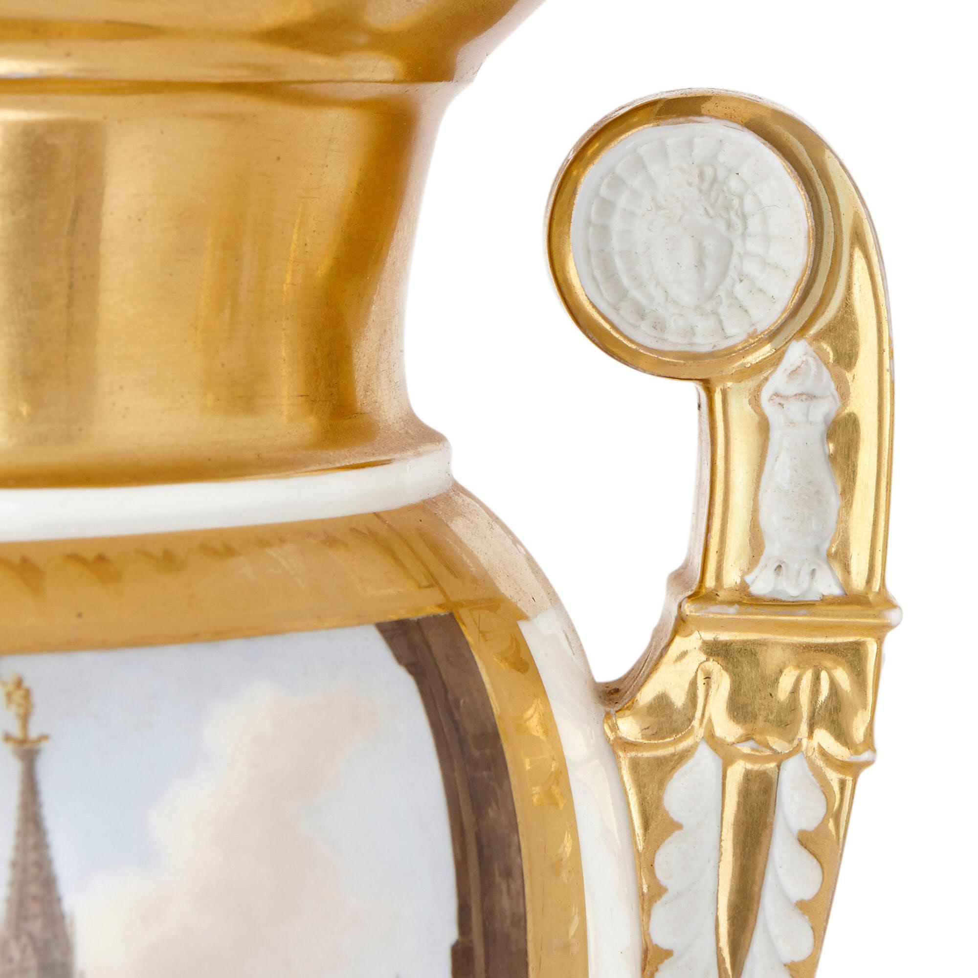 Pair of Gilt Paris Porcelain Vases with Painted Urban Scenes In Good Condition In London, GB