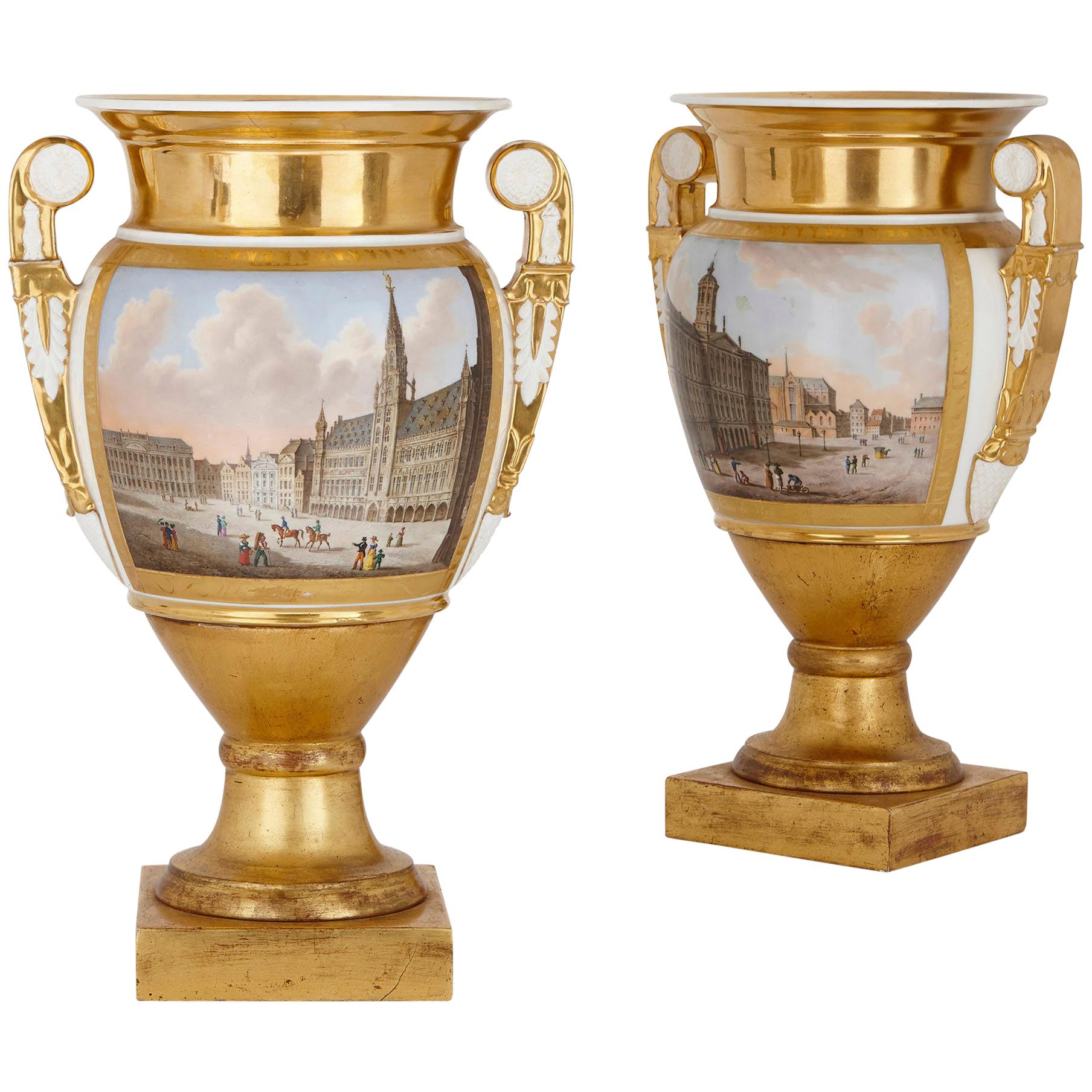 Pair of Gilt Paris Porcelain Vases with Painted Urban Scenes