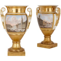 Antique Pair of Gilt Paris Porcelain Vases with Painted Urban Scenes