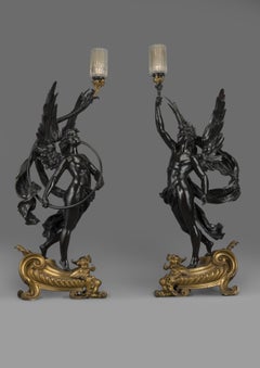 Pair of Gilt & Patinated Bronze Figural Torcheres by Bouchon, Paris, circa 1900