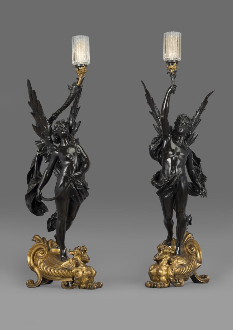 French Pair of Gilt & Patinated Bronze Figural Torcheres by Bouchon, Paris, circa 1900 For Sale