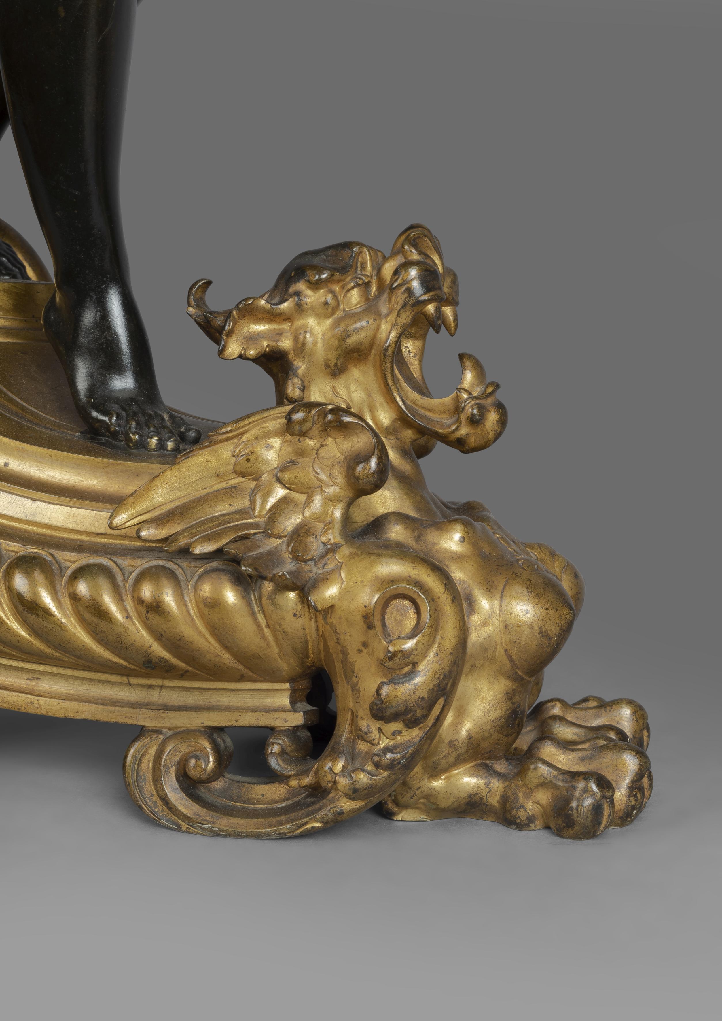 19th Century Pair of Gilt & Patinated Bronze Figural Torcheres by Bouchon, Paris, circa 1900 For Sale