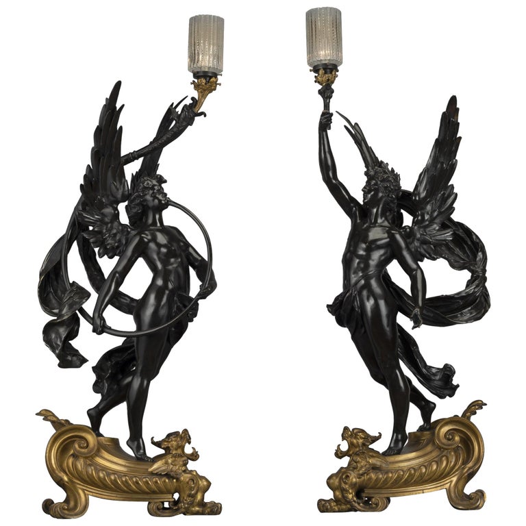 Pair of Gilt & Patinated Bronze Figural Torcheres by Bouchon, Paris, circa 1900 For Sale