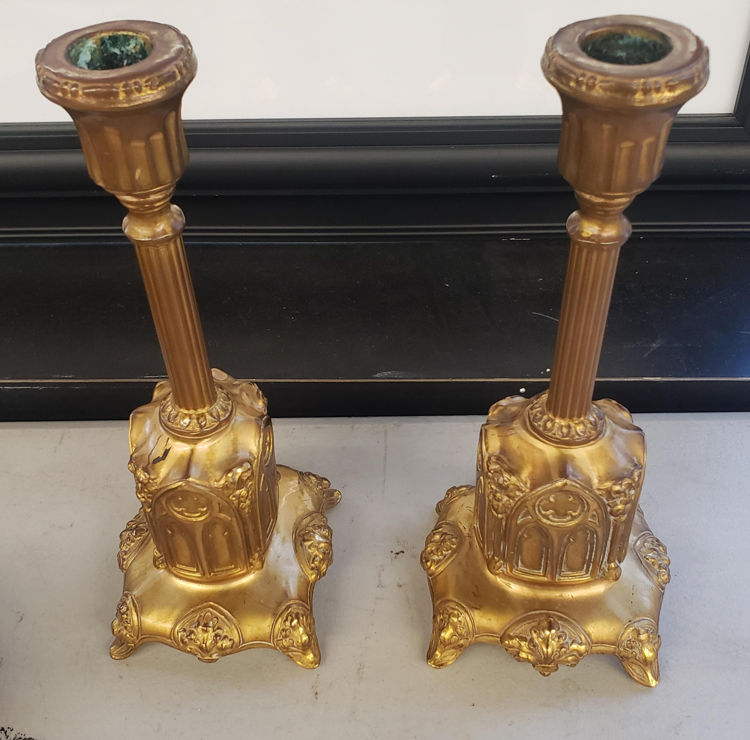 Classical Roman Pair of Gilt Patinated Metal Ecclesiastical Style Candleholders, circa 1920s For Sale