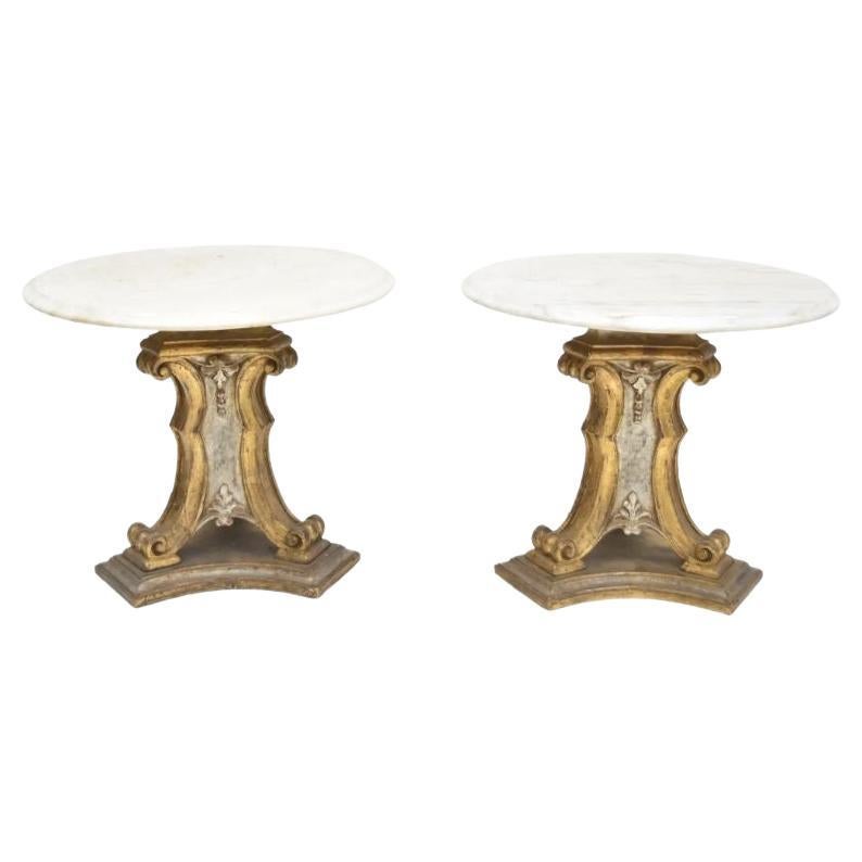 Pair of Gilt Pedestal Tripod Marble Top Side Tables