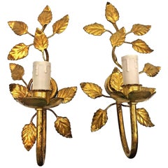 Paire d'appliques dorées à petites feuilles:: Vintage:: Italie:: années 60