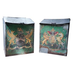 Antique Pair of Gilt Polychrome Armorial Painted Galvanised Steel Grocery Bins, c.1890