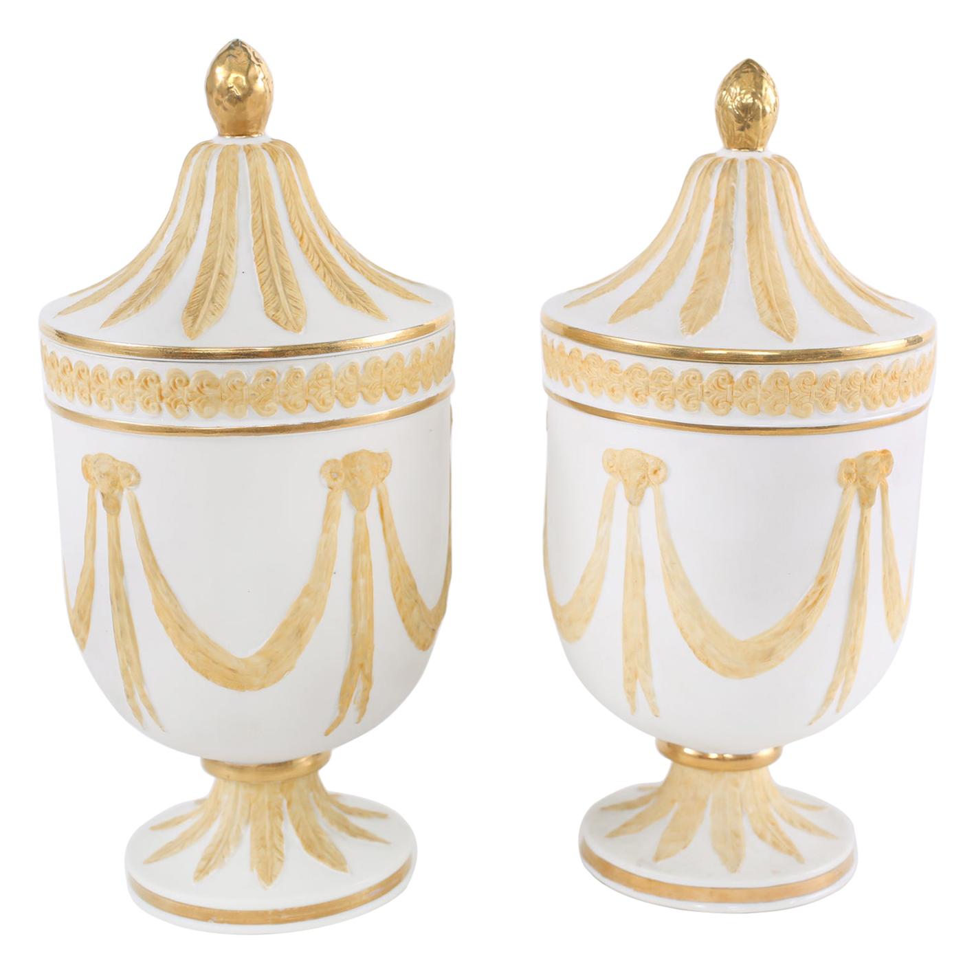 Pair Gilt Porcelain  Covered Decorative Urns