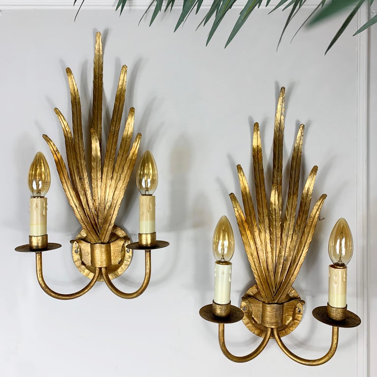 ‘Ferro Art’ reed leaf wall lights
Spain 1970's 

Fabulous pair of gilt wall lights in the design of elegant fine leaves
These lights are attributed to ‘Ferro Art’ 

46cm height, 24cm width, 11cm depth Each light takes 2 small screw in bulbs,