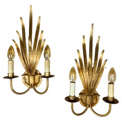 Pair of Gold Reed Leaf Wall Lights, Att to ‘Ferro Art’