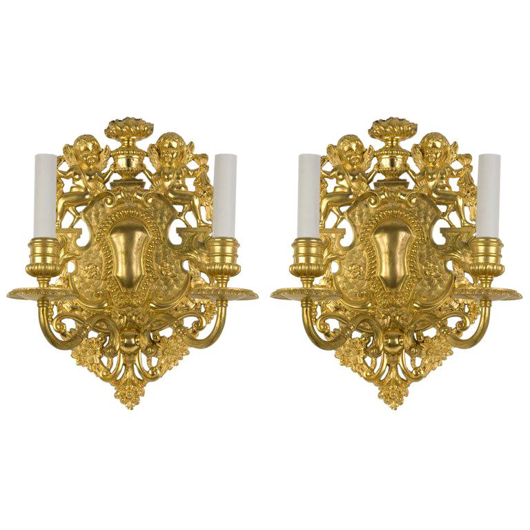 Pair of Gilt Copper and Bronze Sconces by the E. F. Caldwell Co.