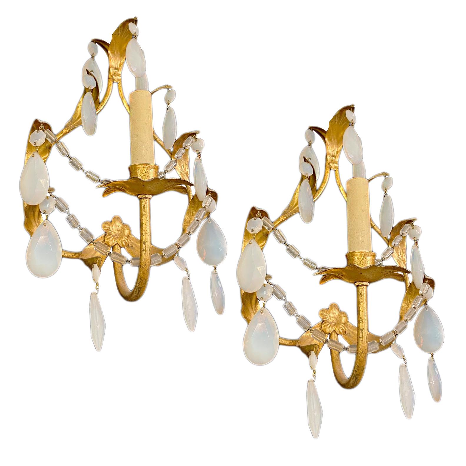 Pair of circa 1940's Italian gilt sconces with opaline glass pendants.

Measurements:
Height: 13