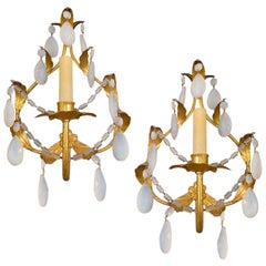 Vintage Pair of Gilt Sconces with Opaline Drops