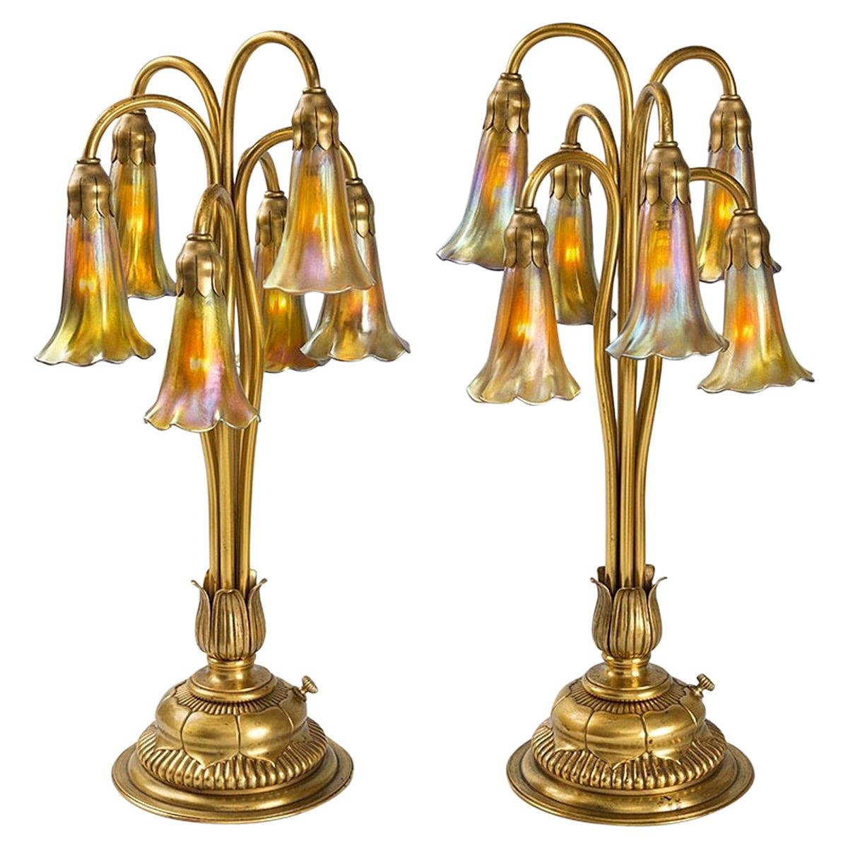 Pair of Gilt "Six-Light Lily" Tiffany Lamps
