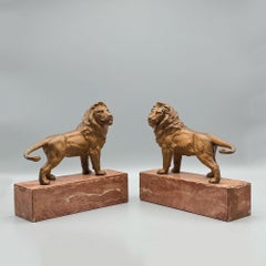 Pair of Gilt Spelter Lions on Marble Bases