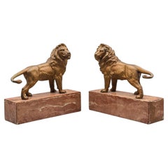 Pair of Gilt Spelter Lions on Marble Bases