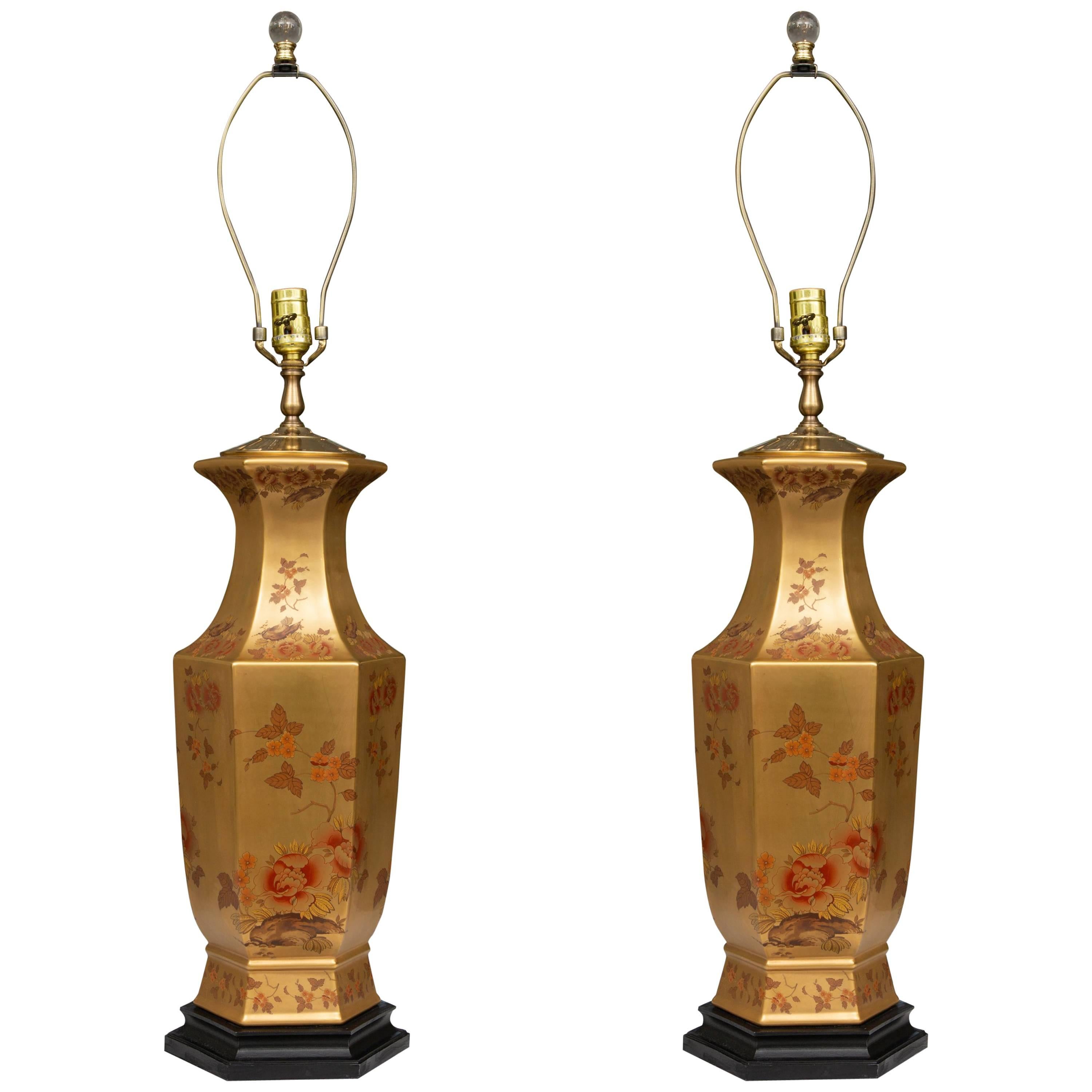 Pair of Gilt Table Lamps with Floral Design